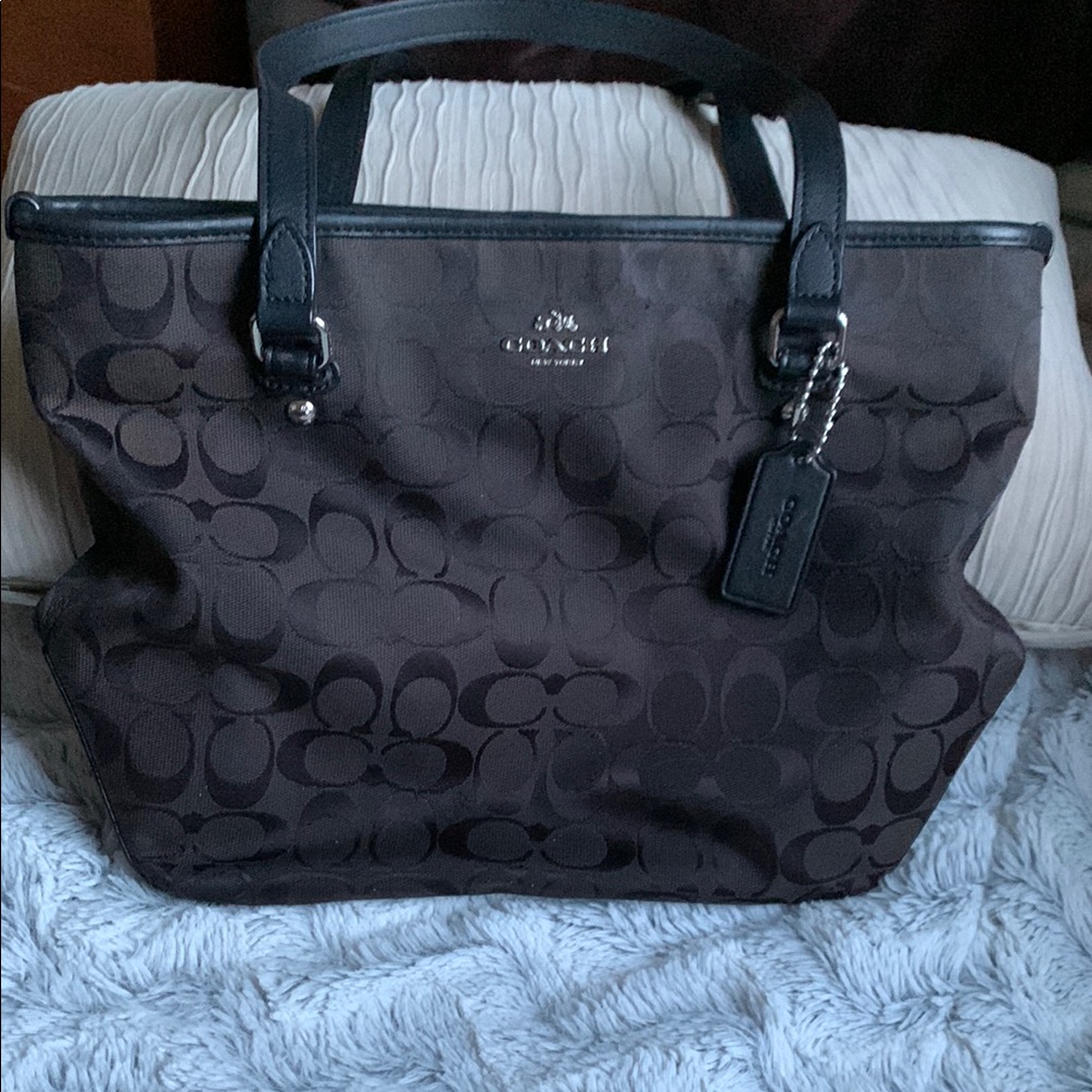 Coach Dark Brown/Black Signature Canvas Tote With Black Trim